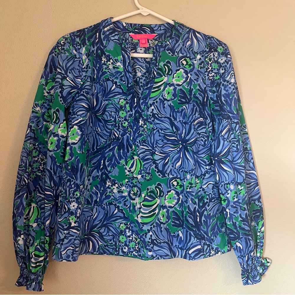 Lilly Pulitzer Coulter Blouse Blue and Green Floral - Size XXS 100% Cotton